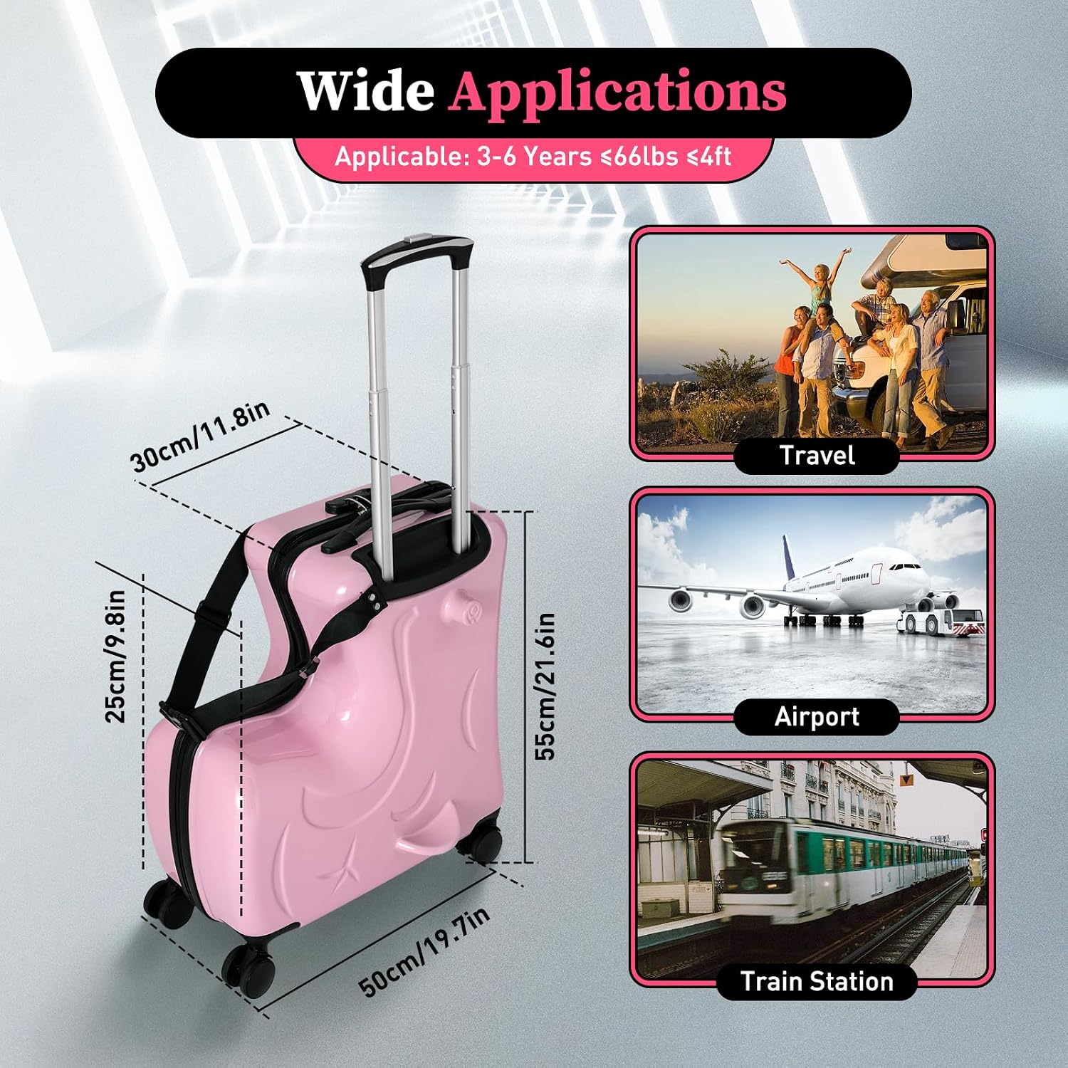 20In Portable Kids Luggage, 4 Wheels Ride-on Suitcase for Kids with Combination Lock and Safety Belt Kids Ride On Luggage Load-Bearing to 66Lbs for Travel and Business Trips