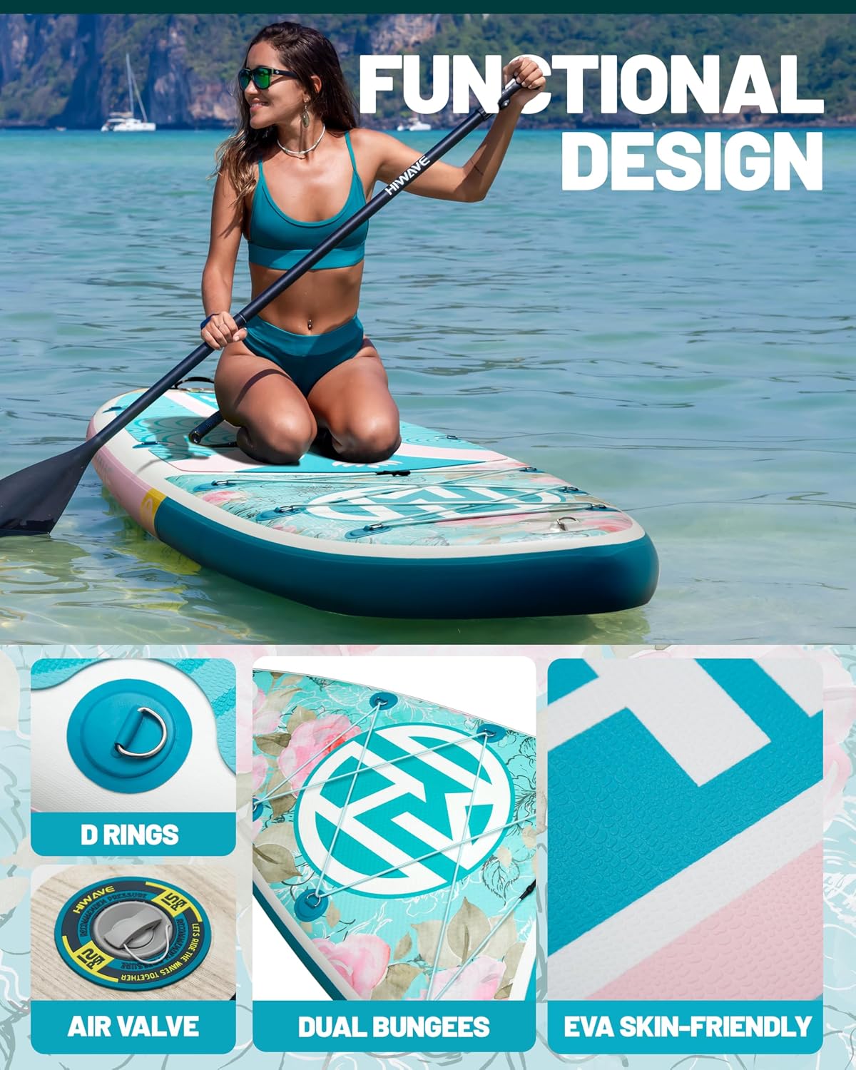 Hiwave Inflatable Paddle Board 11 '* 34 '* 6' Extra Wide Sup Board, 420lb Capacity Paddle Board for Adults, Suitable for Sea and Lakes, 2+1Family Board