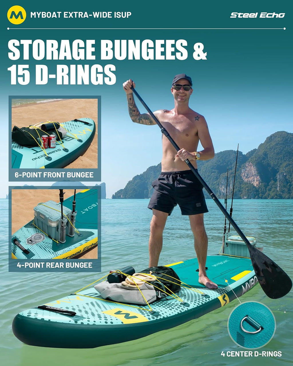 MYBOAT 11'6' Extra Wide Inflatable Paddle Board, 450LB Max Capacity Stable SUP for 2-3 People, Non-Slip Stand Up Board for Beginners & Fishing, Versatile 15 D-Rings, Dual Bungee, 3-Fin Stability