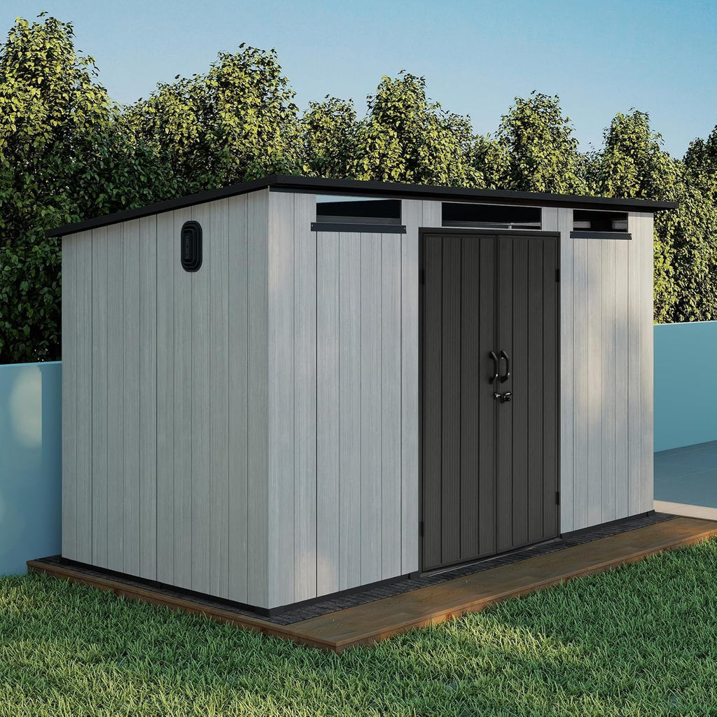 Domi 6x11FT Resin Outdoor Storage Shed with Sloping Roof, Waterproof Outside Sheds with Windows & Vents, Heavy-Duty Plastic Tool Storage Shed for Patio Furniture, Lawn Mower, Bike