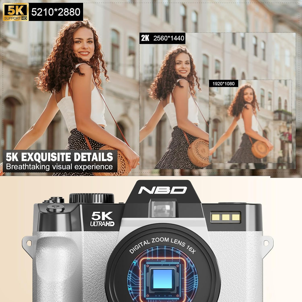 NBD 5K Digital Cameras for Photography - 16X Zoom Travel Camera with 180° Flip Screen, 64MP Vlogging Cameras Fotograficas for YouTube, Auto Focus, Macro Lens, 2 Batteries & 64GB TF Card（White）
