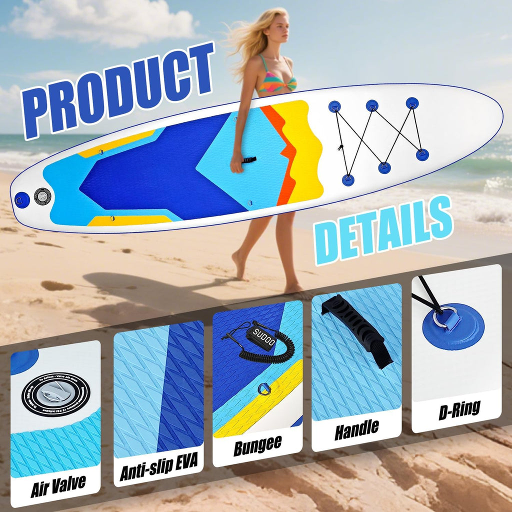 SUDOO Inflatable Stand Up Paddle Board 10'/ 10'6' SUP with Adjustable Paddle Hand Pump Fin Leash Backpack Wide Stable Anti-Slip EVA Deck for Adults & Youth
