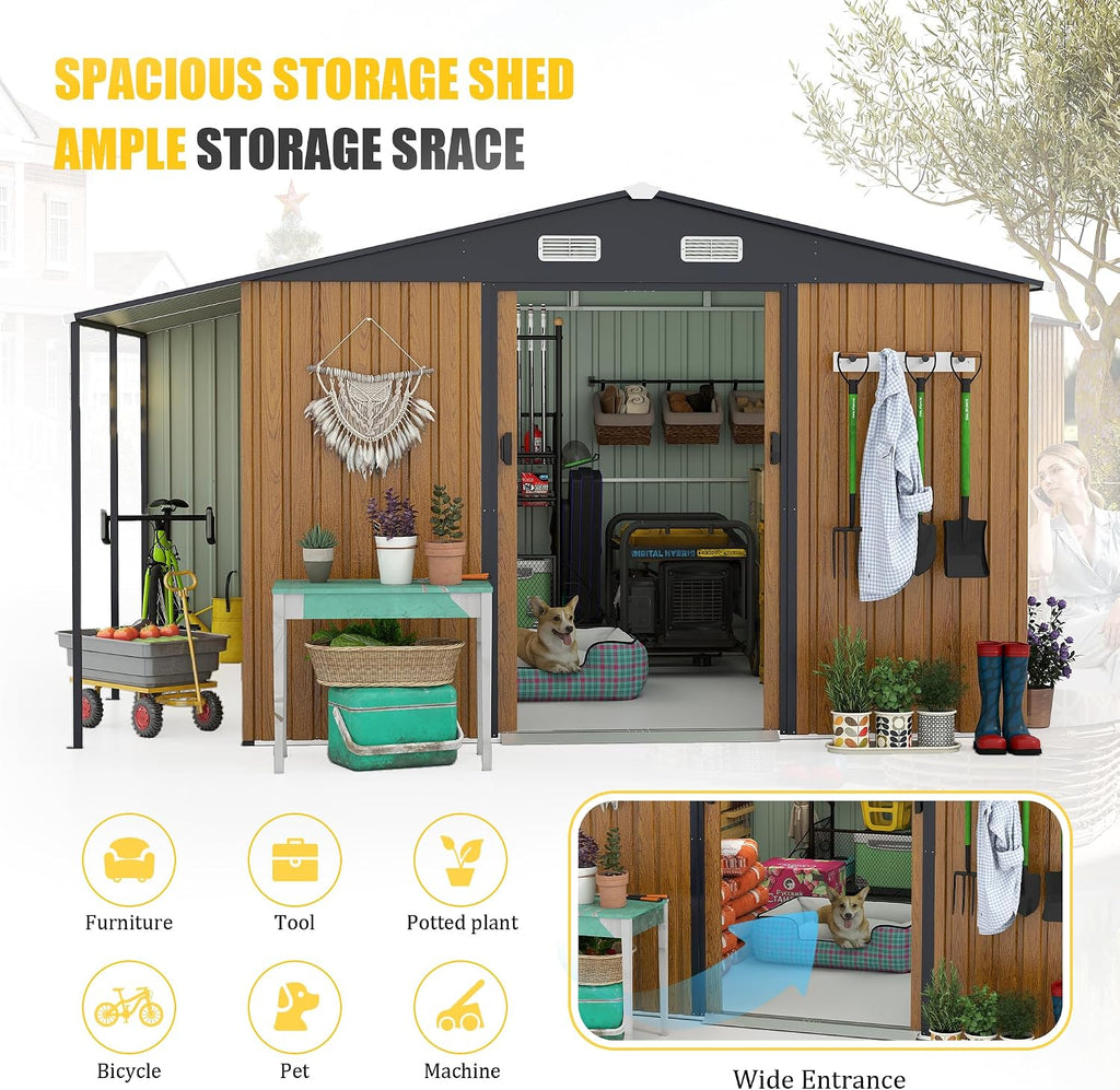 YOPTO 10x12 FT Outdoor Storage Shed,Extra Large Metal Garden Tool Shed with Lockable Doors,Windows & Air Vents,Dual-Zone Design Outside Steel Tiny House for Backyard, Patio Lawn,Yellow