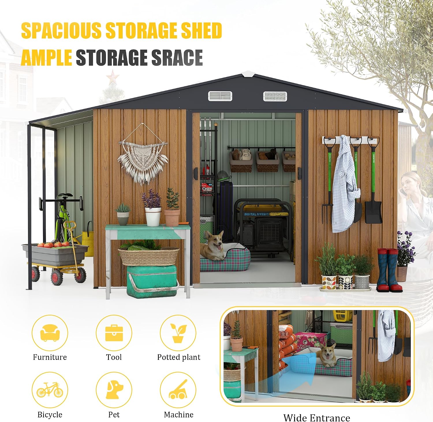 YOPTO 10x12 FT Outdoor Storage Shed,Extra Large Metal Garden Tool Shed with Lockable Doors,Windows & Air Vents,Dual-Zone Design Outside Steel Tiny House for Backyard, Patio Lawn,Yellow