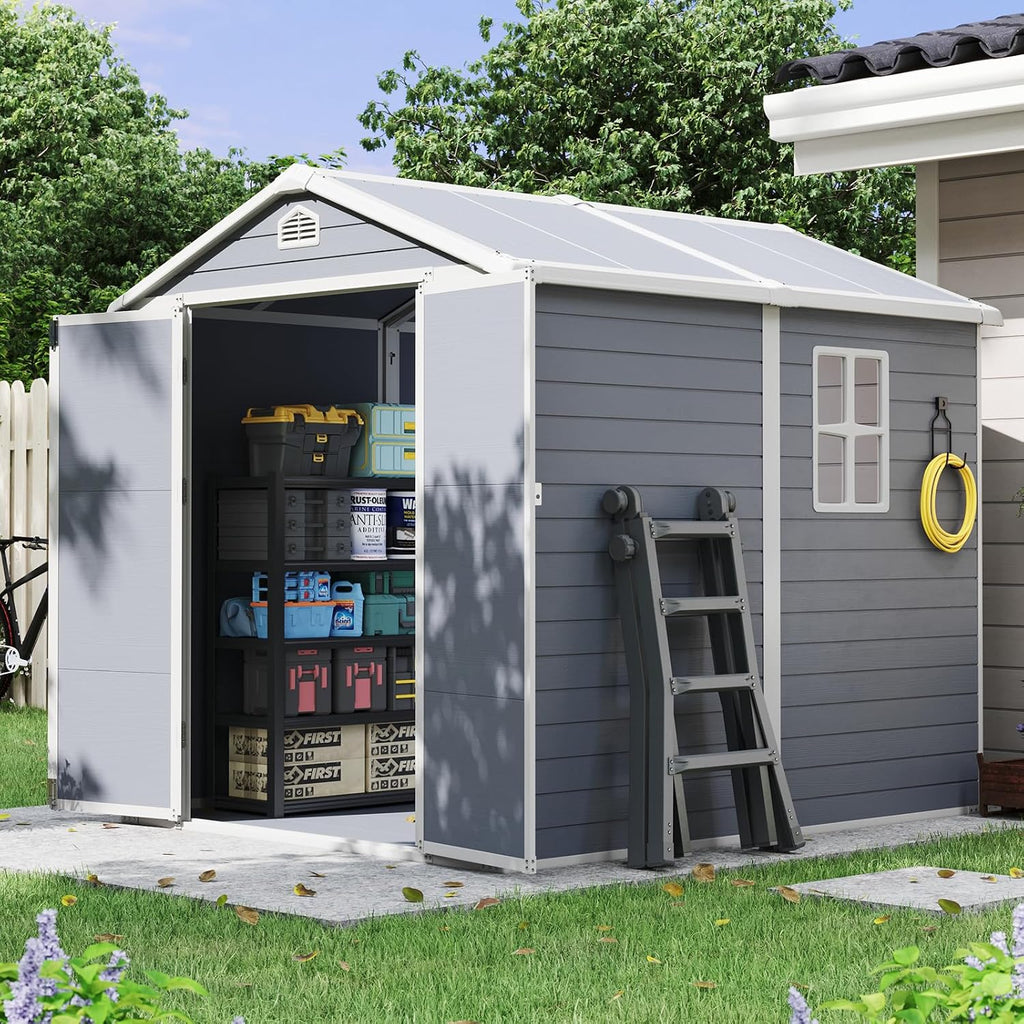 Aoxun 6×8 FT Outdoor Storage Shed, Resin Shed with Reinforced Floor, All-Weather Plastic Tool Storage with Lockable Door, Window & Vents for Garden, Patio, Bike & Garbage Can, Light Gray