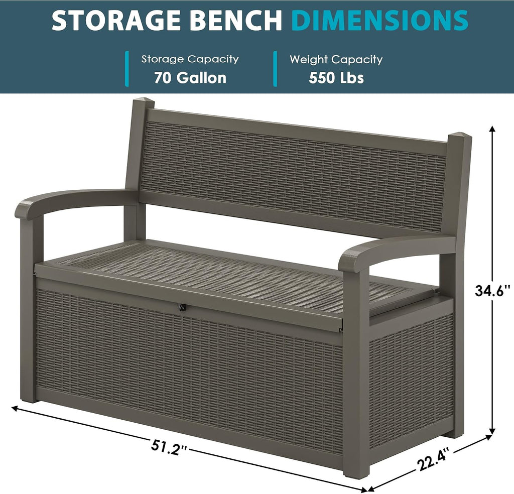 LHBGO 70 Gallon Storage Bench Deck Box for Patio Furniture with Armrest Bench Outdoor Storage