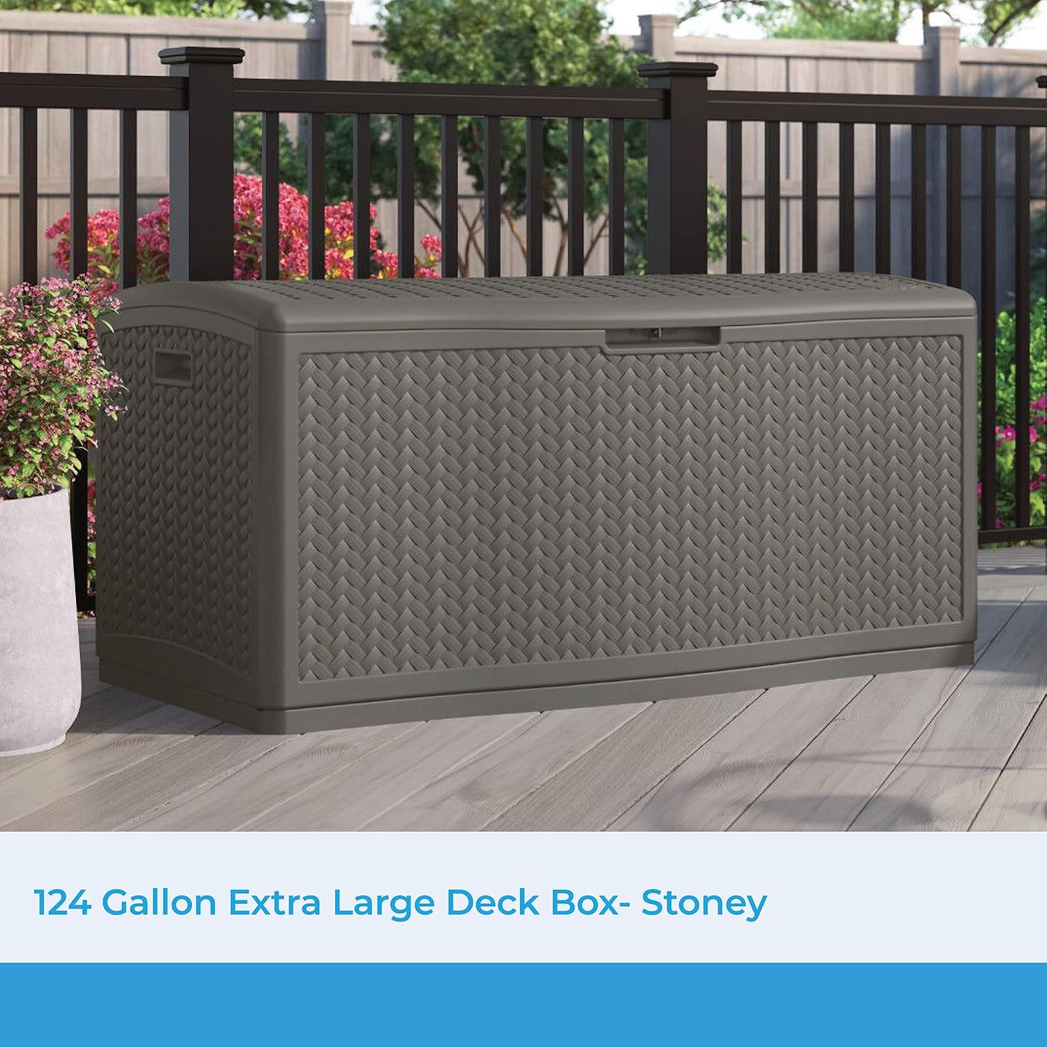 Suncast Extra Large Deck Box - 124 Gallon Resin Outdoor Storage Box with Lockable Lid for Outdoor Cushion Storage, & Garden Gear, Stoney Grey Wicker Bin for Patio, Porch, Pool, & Yard
