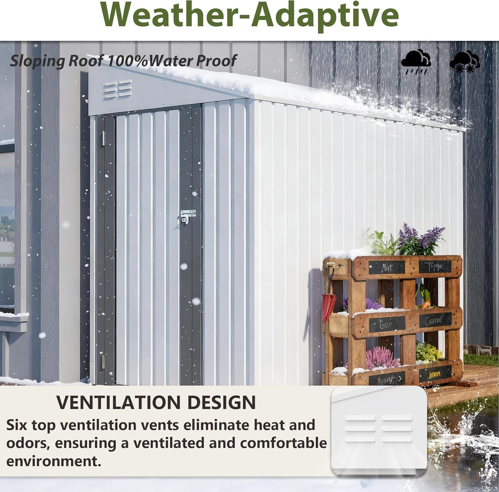 YOPTO 4×7 FT Outdoor Metal Storage Shed,Heavy-Duty Lean to Storage Shed with Lockable Door and Reinforced Beams,All Weather Waterproof Storage House W/2 Air Vents,for Backyard,Patio,Lawn,White
