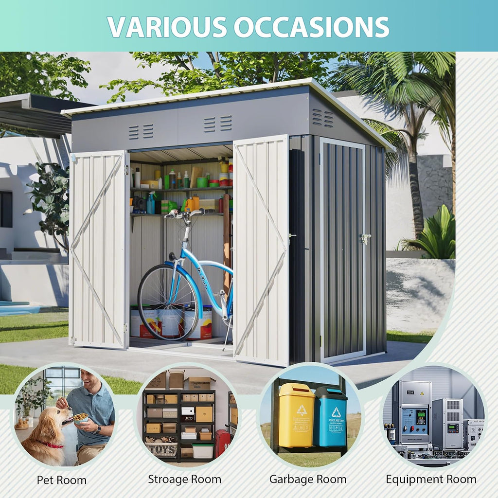 4' x 8' Metal Shed with Two Doors,Outdoor Lean to Storage Shed, Garden Tool Storage Cabinet for Backayrd, Patio and Outdoor Use,Grey