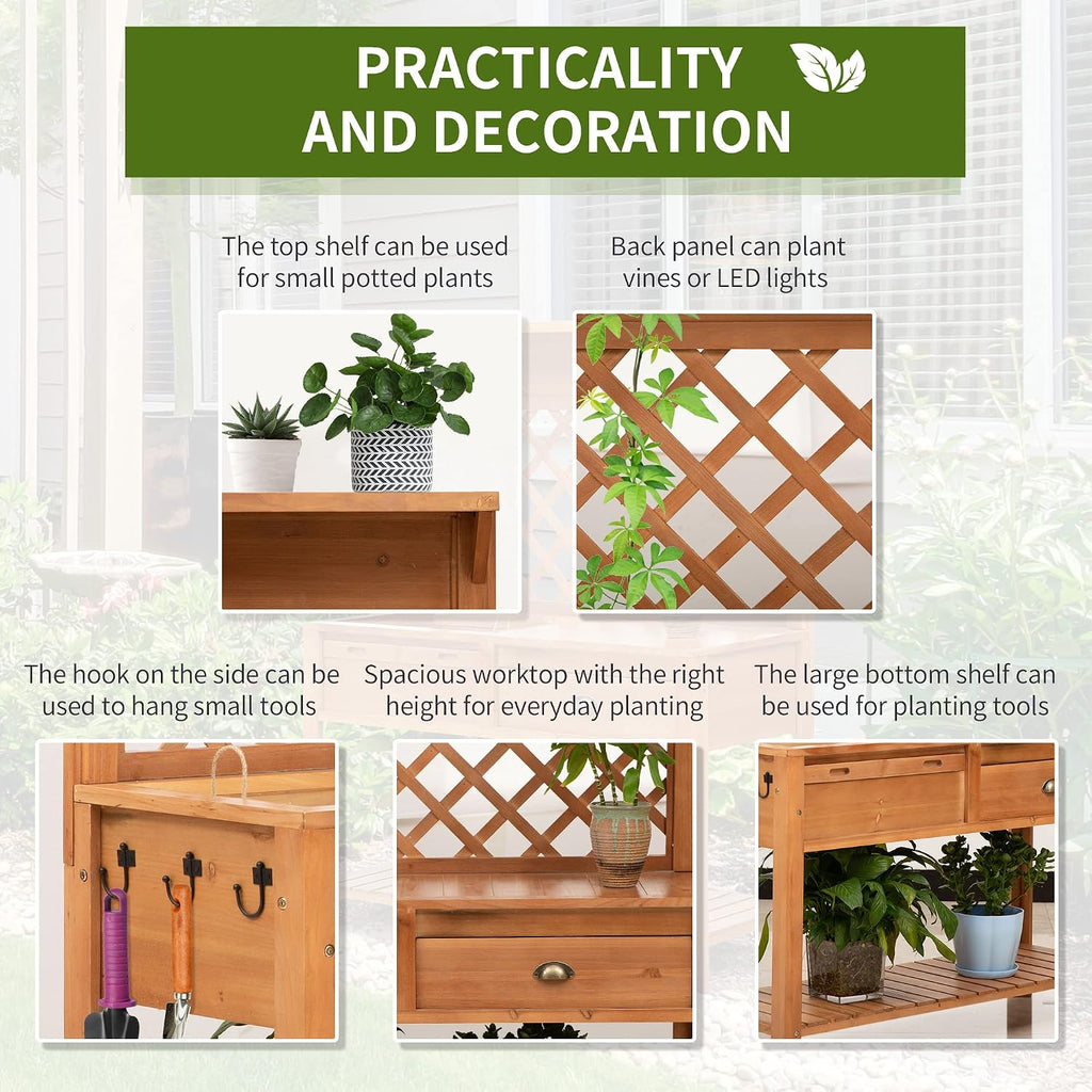 Outsunny Garden Potting Bench, Outdoor Wooden Workstation Table w/Metal Screen, Drawer, Hooks, Storage Shelf, and Lattice Back for Patio, Backyard and Porch, Natural