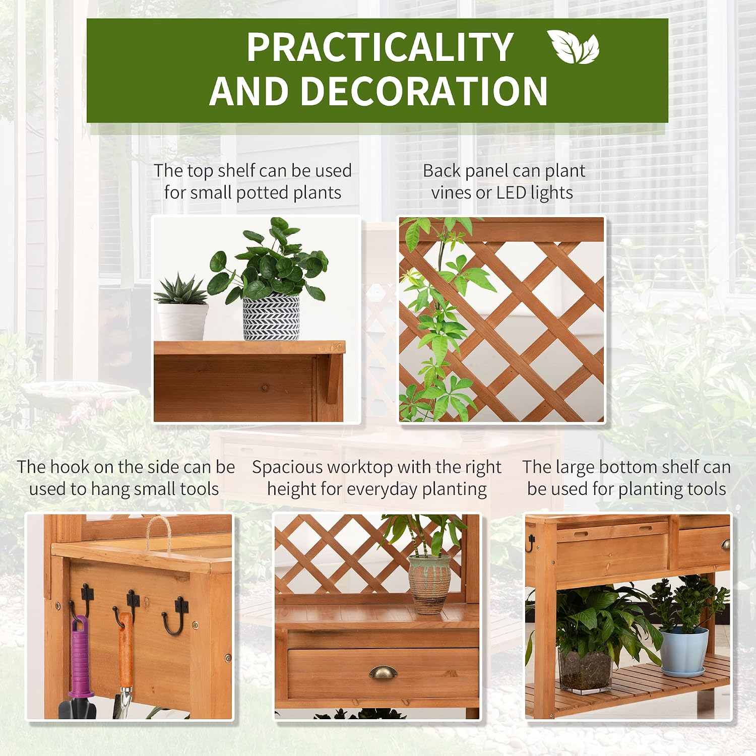 Outsunny Garden Potting Bench, Outdoor Wooden Workstation Table w/Metal Screen, Drawer, Hooks, Storage Shelf, and Lattice Back for Patio, Backyard and Porch, Natural