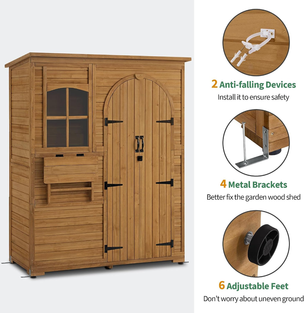 Macrout Outdoor Storage Cabinet with 3 Shelves (4.8 x 2.1 x 6.2 ft), Wood Storage Shed with Roof, Tall Garden Shed with 1 Foldable Table for Yard Patio Lawn, 1815