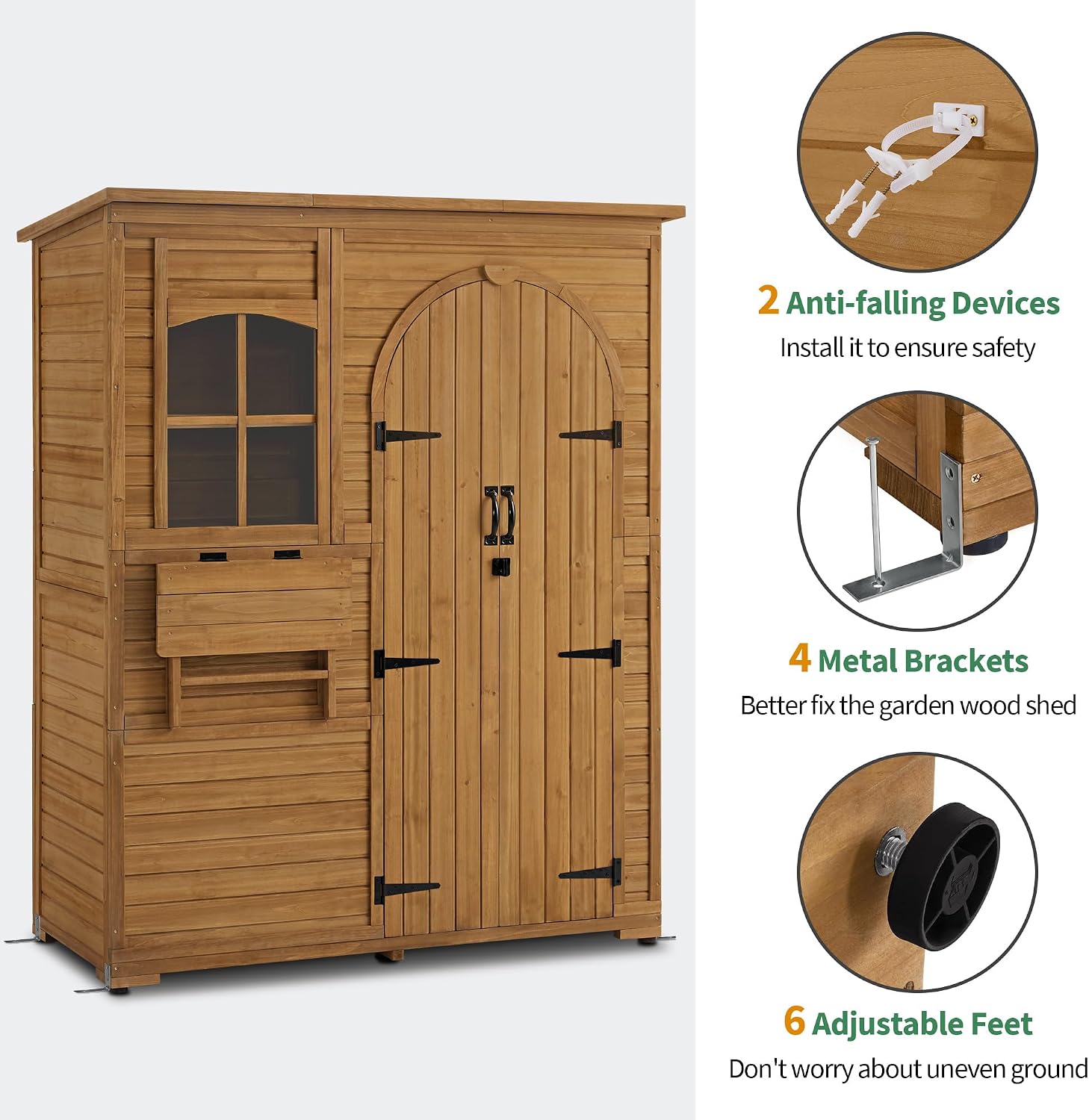 Macrout Outdoor Storage Cabinet with 3 Shelves (4.8 x 2.1 x 6.2 ft), Wood Storage Shed with Roof, Tall Garden Shed with 1 Foldable Table for Yard Patio Lawn, 1815