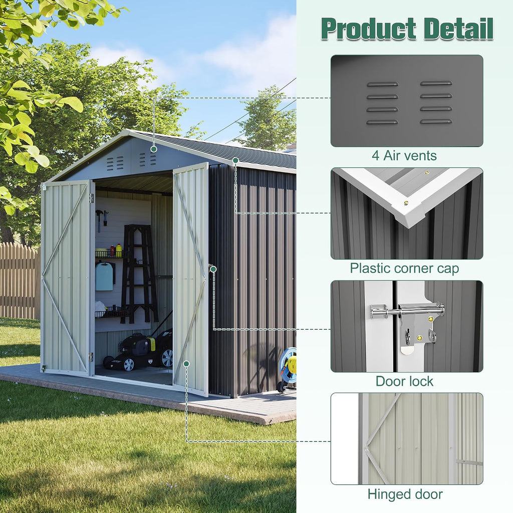 YOPTO 8x12 FT Large Outdoor Storage Shed with Lockable Doors & Floor Base,Weather-Resistant Metal Tool Shed for Garden, Backyard,Patio,Lawn,Gray