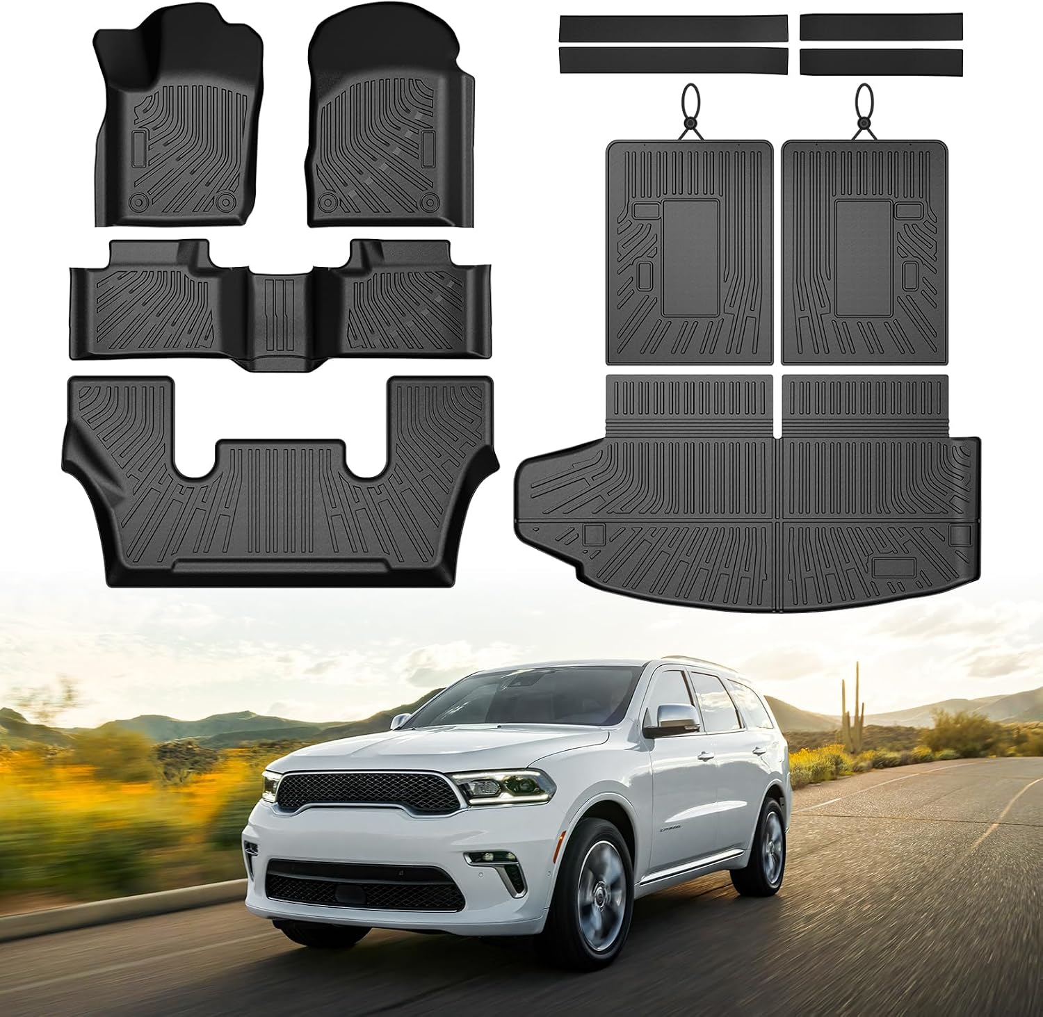 Mixsuper Floor Mat & Cargo Liner for Dodge Durango 6-Seater 2016-2026,All Weather TPE Floor mat with Backrest and Door Sill Guards Durango Accessories,Anti-Slip Floor Liners Set, Black
