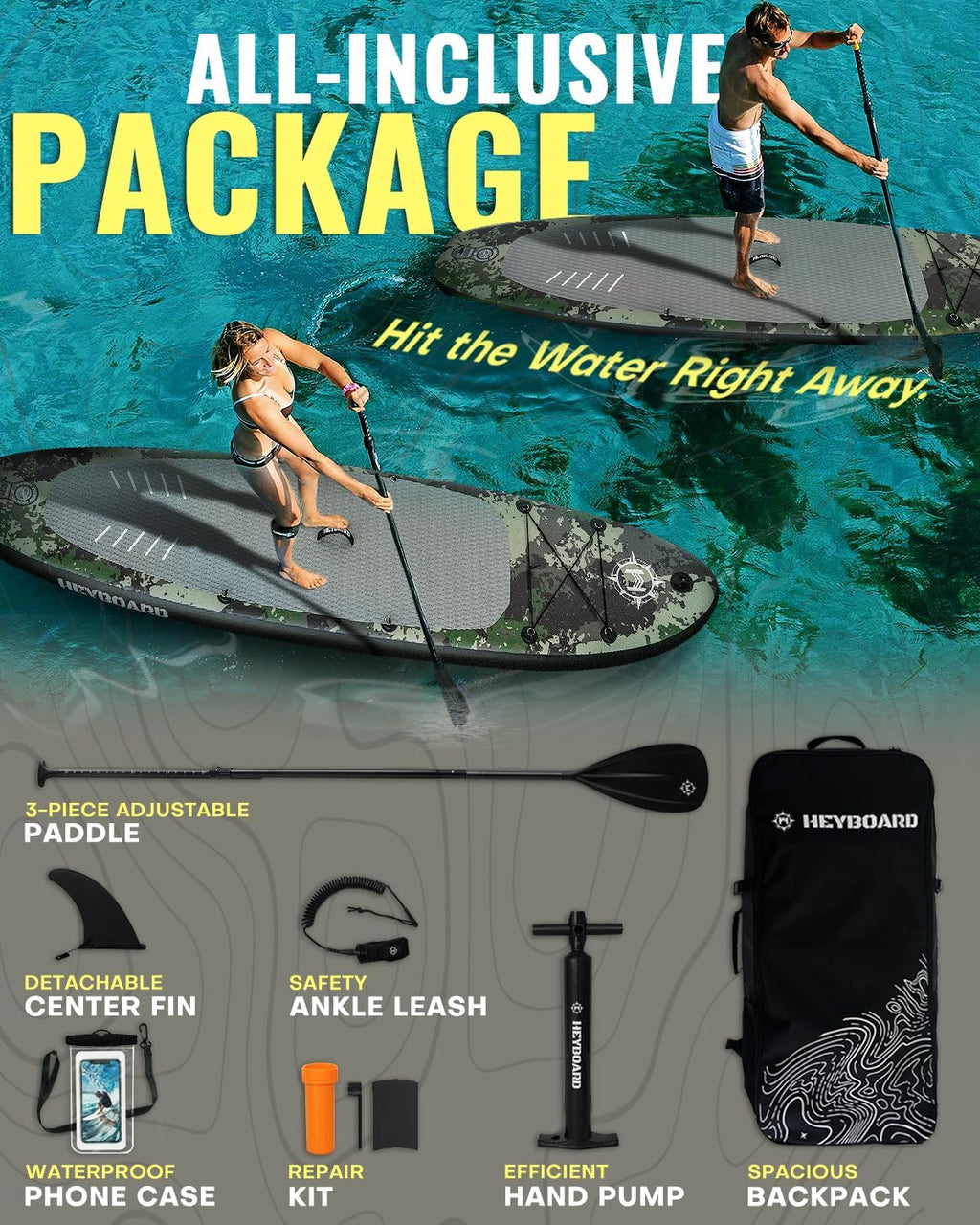 HEYBOARD Inflatable Stand Up Paddle Board 10'6'×32'×6' Standup Paddleboard with Premium SUP Accessories & Backpack, Non-Slip Deck, Waterproof Bag, Leash, Paddle, Hand Pump