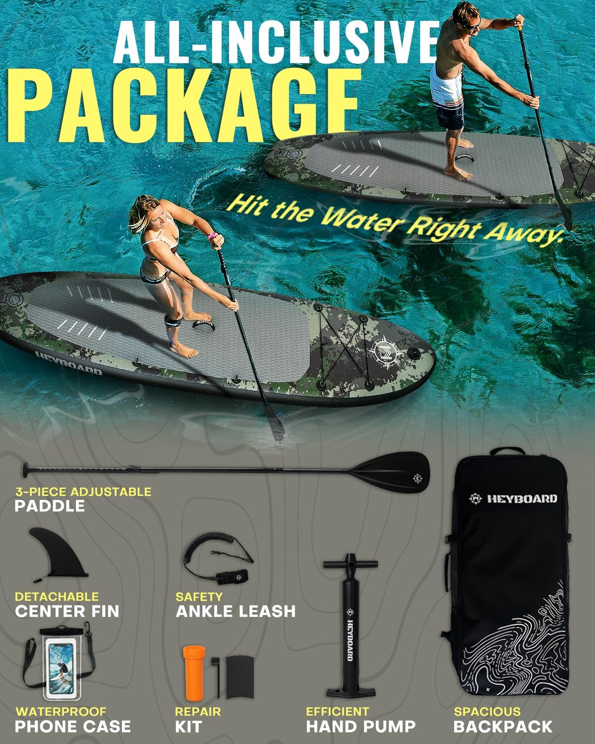 HEYBOARD Inflatable Stand Up Paddle Board 10'6'×32'×6' Standup Paddleboard with Premium SUP Accessories & Backpack, Non-Slip Deck, Waterproof Bag, Leash, Paddle, Hand Pump