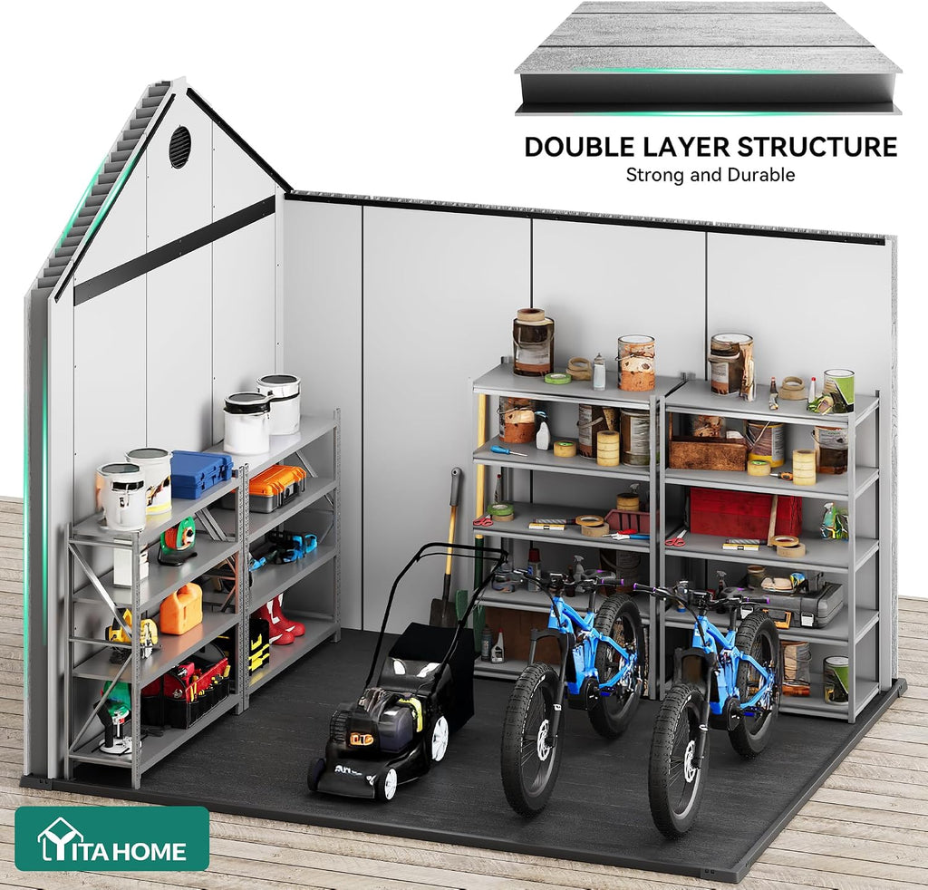 YITAHOME 8x10 FT Outdoor Storage Shed with Floor, Extra Thick Plastic Garden Shed for Bikes Tools Supplies, Waterproof Resin Shed with Lockable Doors, 2 Vision Windows & Vents for Patio, Gray