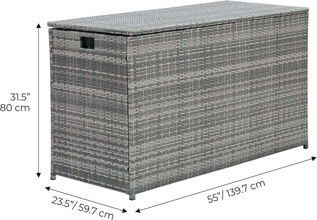 Teamson Home 154 Gallon Lined Weather Resistant Outdoor Rattan Wicker Patio Deck Storage Box with Soft Close Hinges for Patio Furniture Cushions or Pool Accessories, Gray