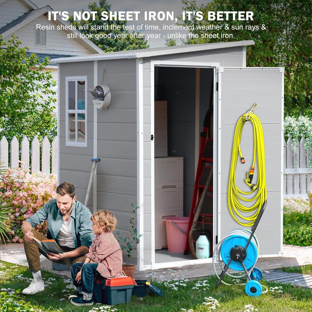 CDCASA 5x4 FT Resin Storage Shed, Waterproof Sheds & Outdoor Storage with Floor & Window & Lockable Door, Tool Shed for Garden, Patio, Backyard, Light Grey