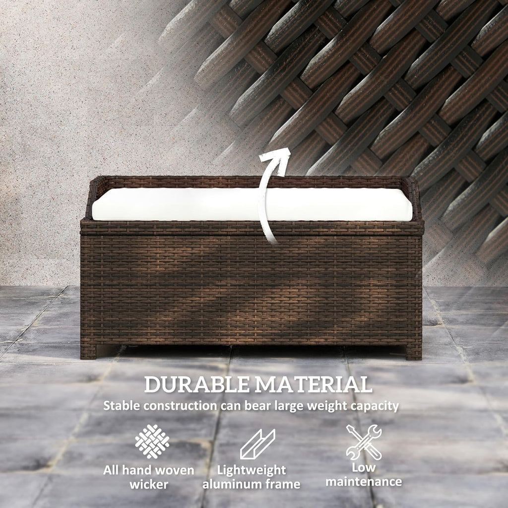Outsunny 38 Gallon Outdoor Wicker Storage Bench Deck Box, PE Rattan Patio Furniture Pool Storage Bin Container with Interior Waterproof Cloth Bag and Comfortable Cushion, White
