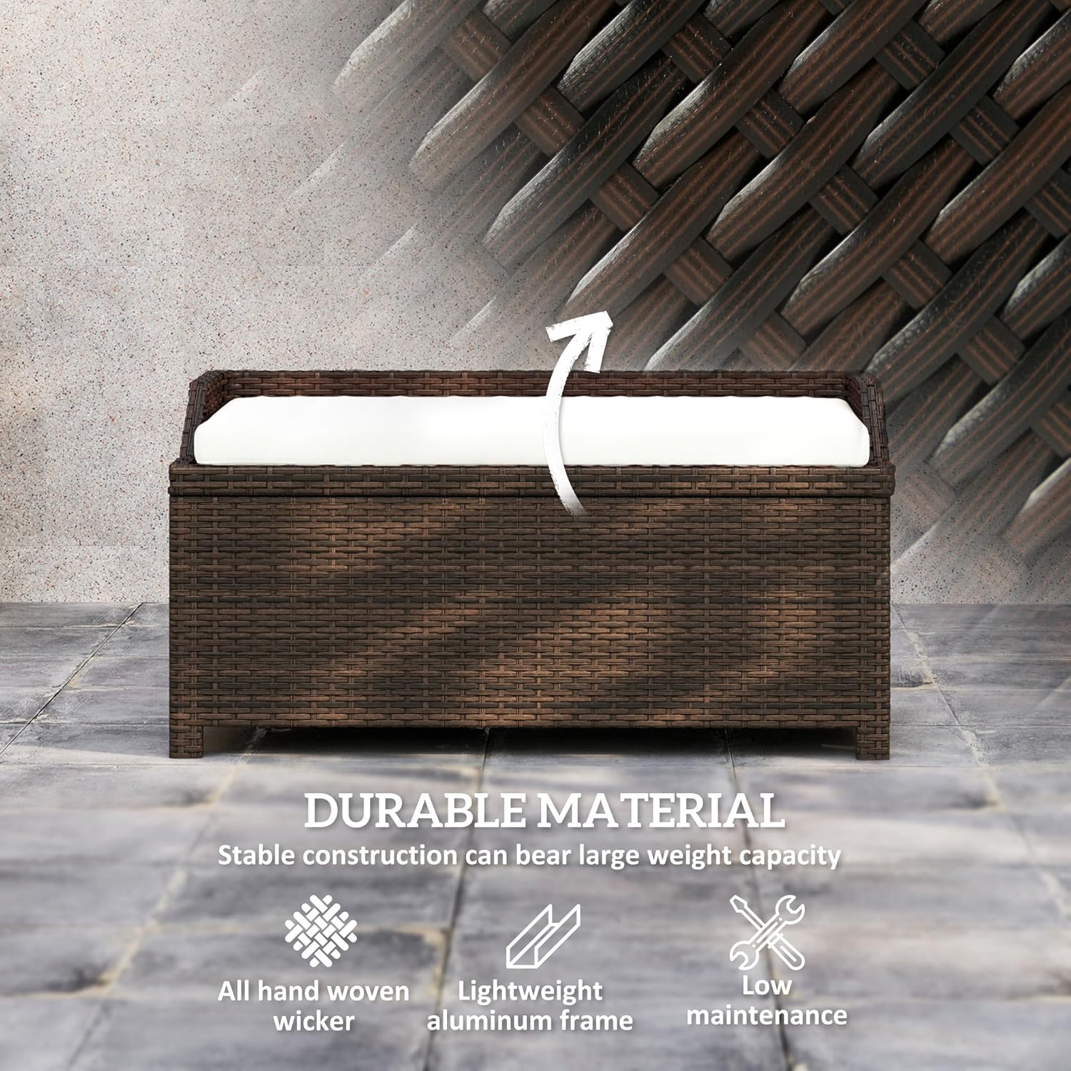 Outsunny 38 Gallon Outdoor Wicker Storage Bench Deck Box, PE Rattan Patio Furniture Pool Storage Bin Container with Interior Waterproof Cloth Bag and Comfortable Cushion, White