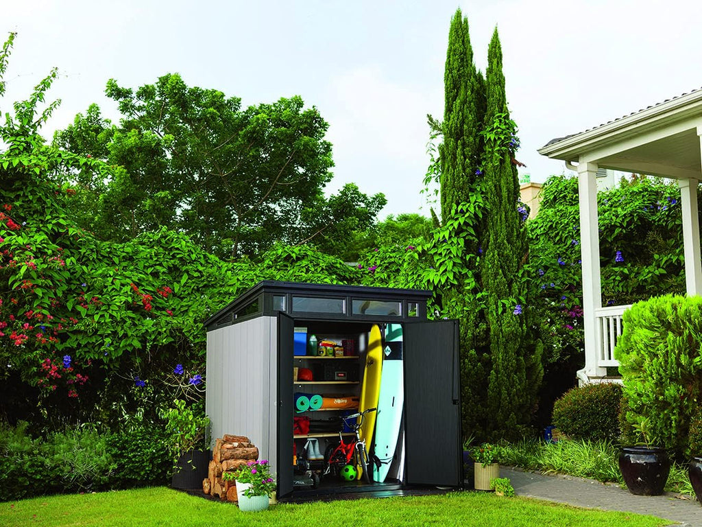 Keter Artisan 7 x 7 Foot Large Modern Design Outdoor Shed with Floor for Outdoor Furniture, Lawn Equipment, Bikes, and Gardening Tools, Gray