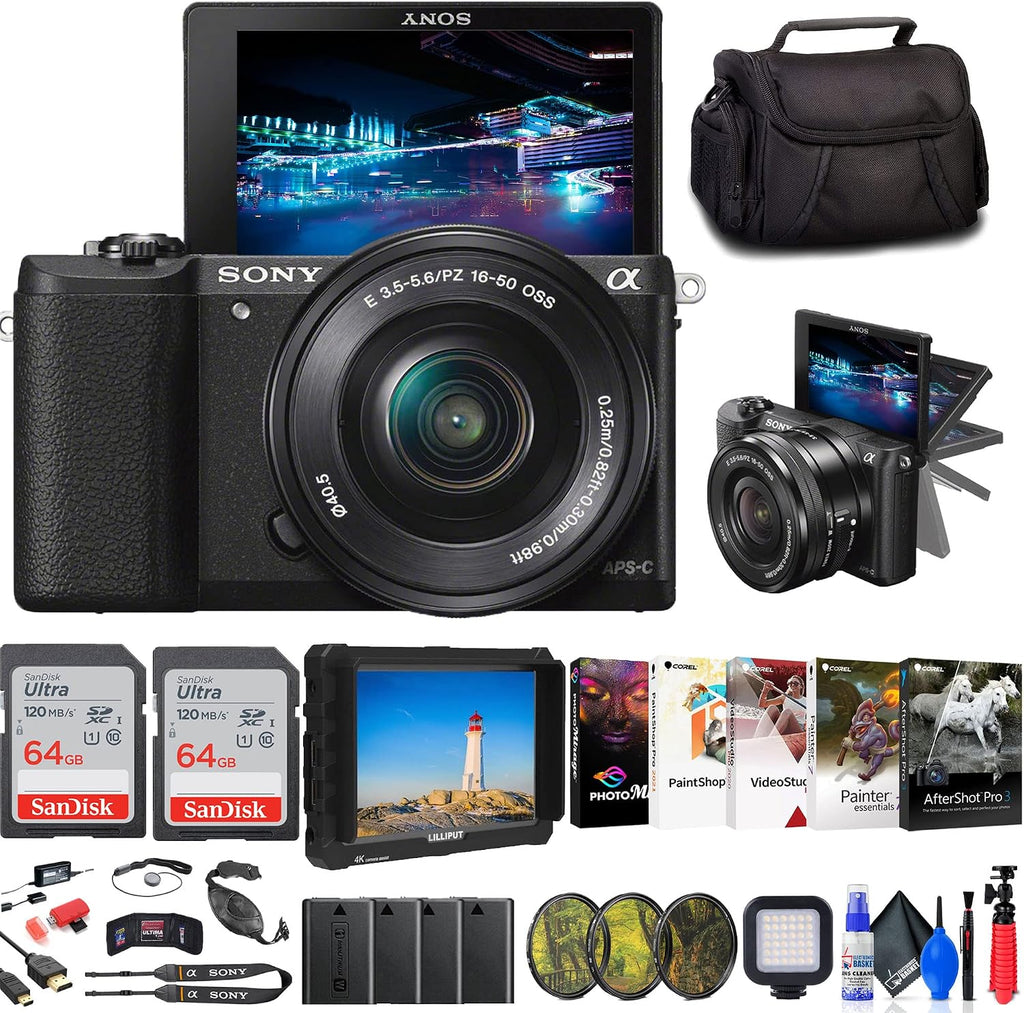 Sony Alpha a5100 Mirrorless Digital Camera with 16-50mm Lens (Black) + 4K Monitor + Filter Kit + 2 x 64GB Card + 3 x NPF-W50 Battery + LED Light + Corel Photo Software + More (Renewed)