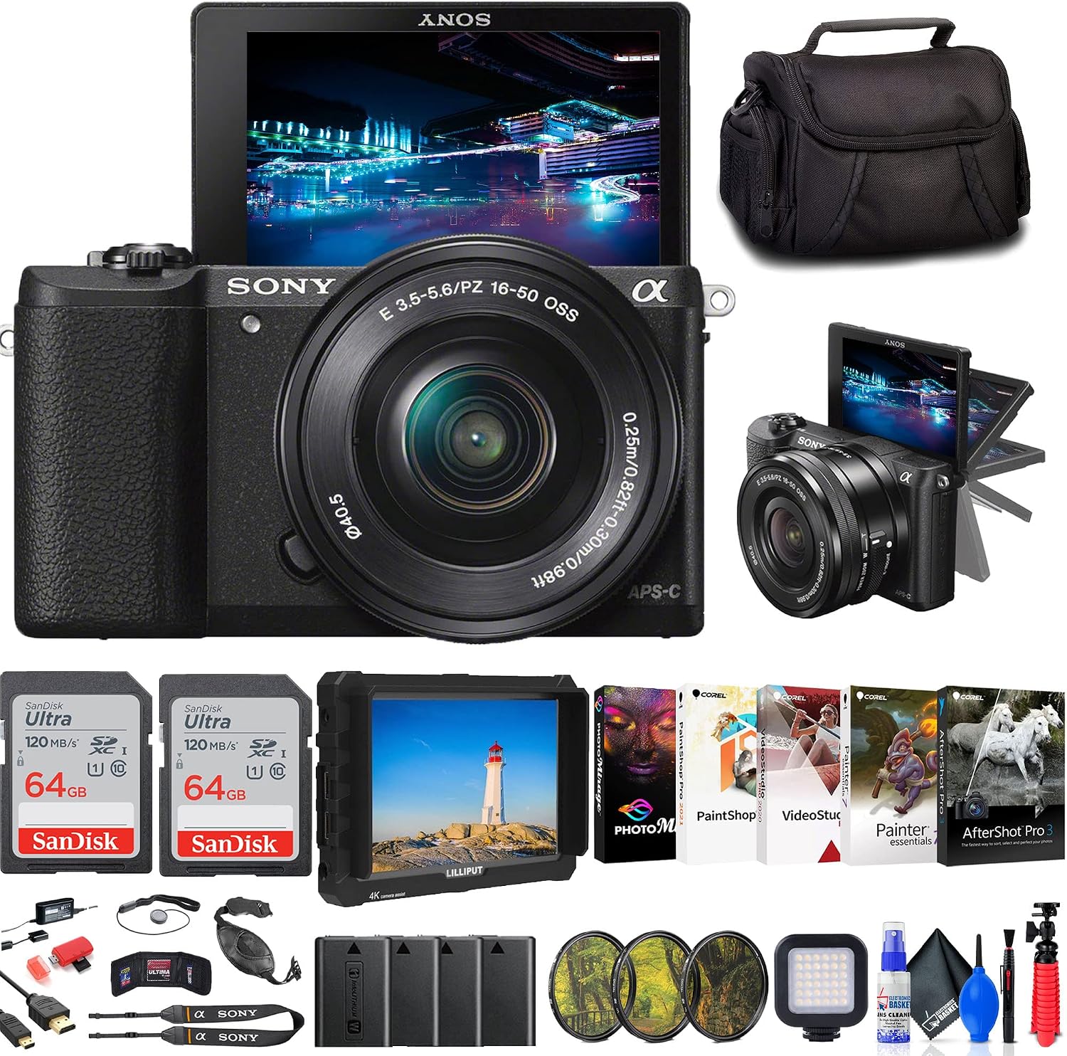 Sony Alpha a5100 Mirrorless Digital Camera with 16-50mm Lens (Black) + 4K Monitor + Filter Kit + 2 x 64GB Card + 3 x NPF-W50 Battery + LED Light + Corel Photo Software + More (Renewed)