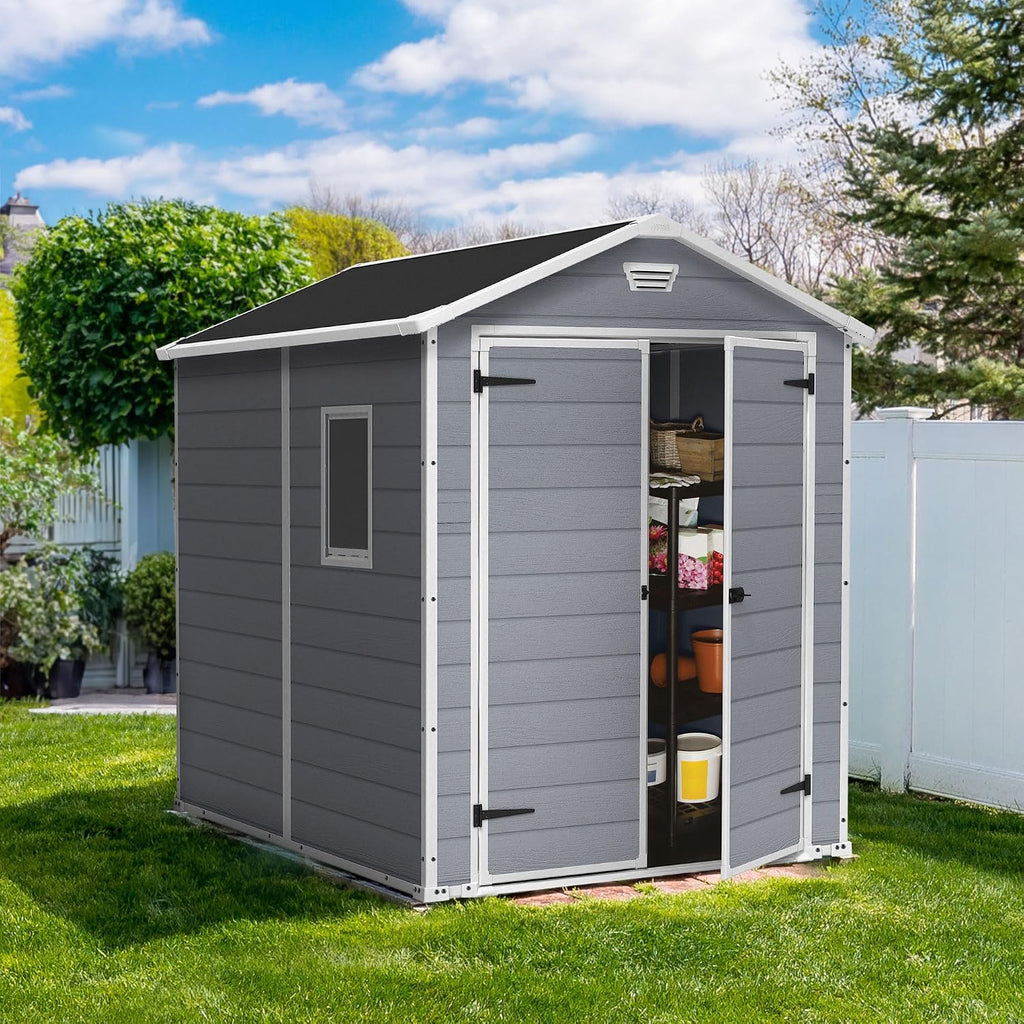 Keter Manor 6x8 Foot All Weather Garden Tool Outdoor Storage Shed with Lockable Double Doors, Fixed Window and Wood-look Resin Walls, Grey