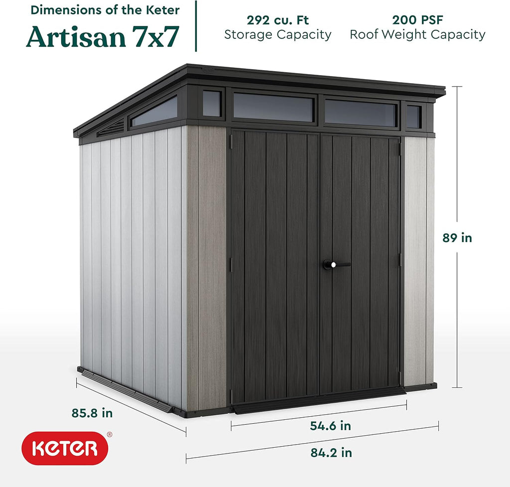 Keter Artisan 7 x 7 Foot Large Modern Design Outdoor Shed with Floor for Outdoor Furniture, Lawn Equipment, Bikes, and Gardening Tools, Gray