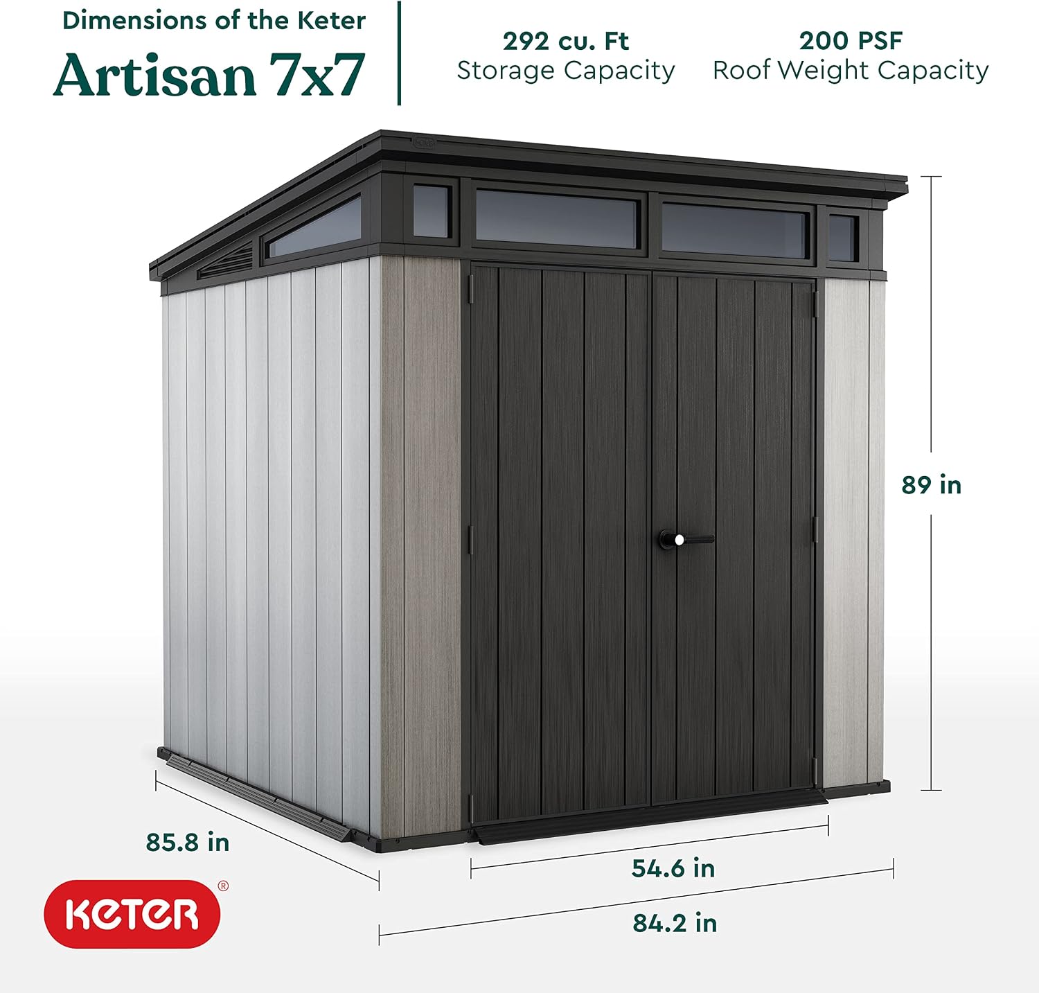 Keter Artisan 7 x 7 Foot Large Modern Design Outdoor Shed with Floor for Outdoor Furniture, Lawn Equipment, Bikes, and Gardening Tools, Gray