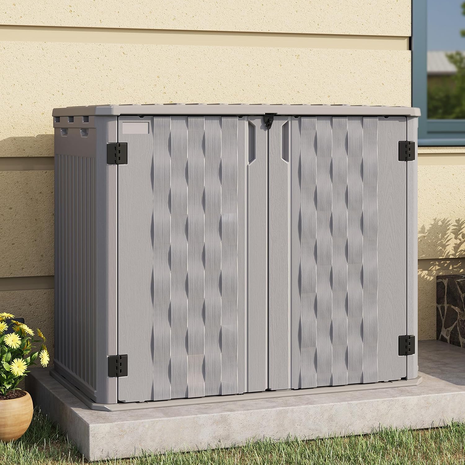 UDPATl0 34 Cu.Ft Horizontal Outdoor Storage Shed, Resin Outdoor Cabinet Waterproof & Lockable for Generator, Garbage Can Garden Tools