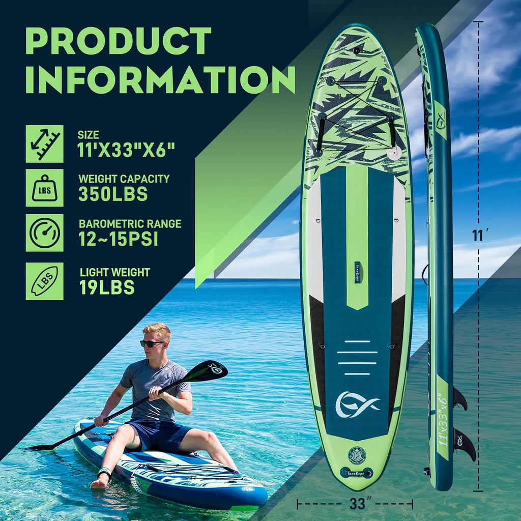 InnoExpo 11' Inflatable Stand Up Paddle Boards with Premium Accessories, Wide Stable SUP Paddle Board Design, Non-Slip Comfort Deck for Youth & Adults
