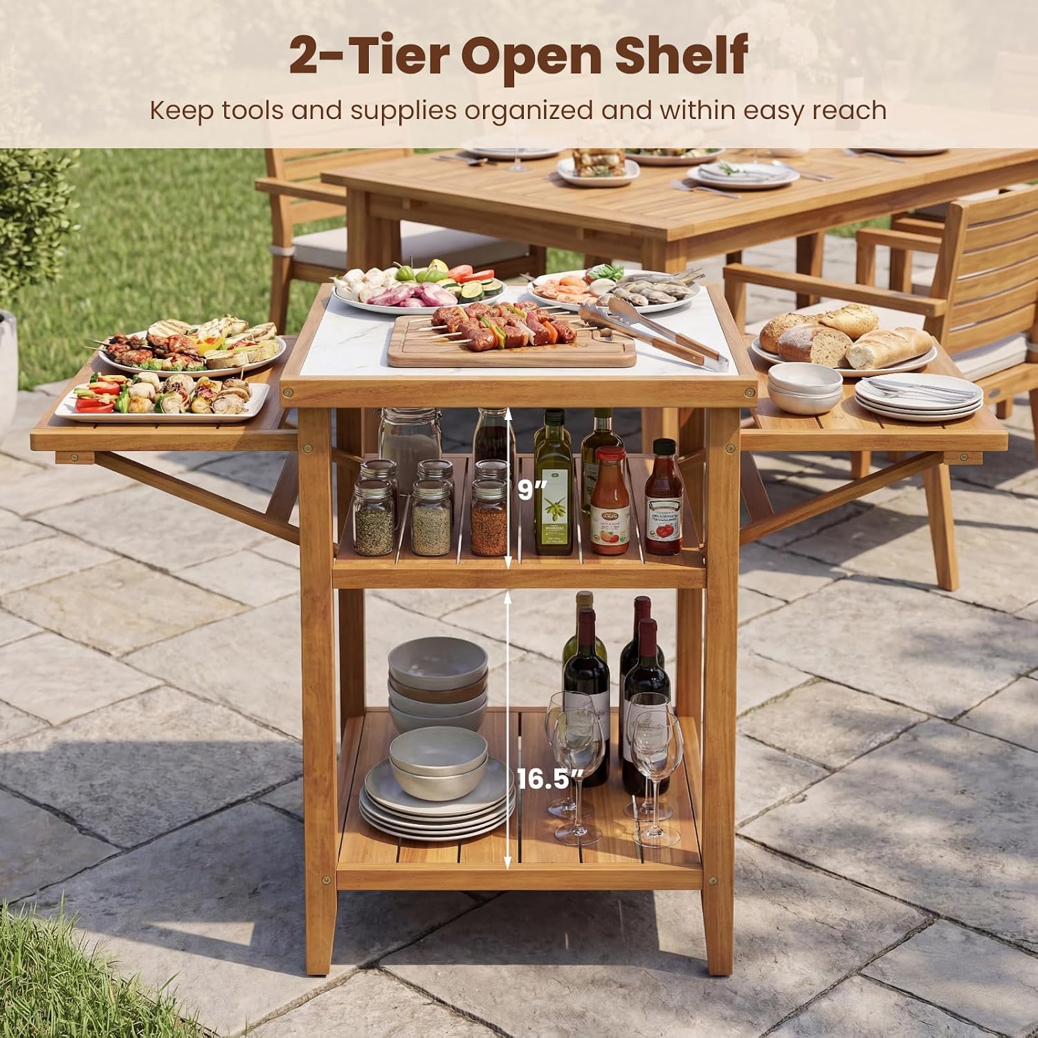 HAPPYGRILL Outdoor Wood Grill Table, Outside Kitchen Island & BBQ Prep Table w/Faux Marble Top, Drop-Leaf Side Panels & 2-Tier Open Shelves, Acacia Wood Pizza Oven Grill Cart for Patio Backyard Party