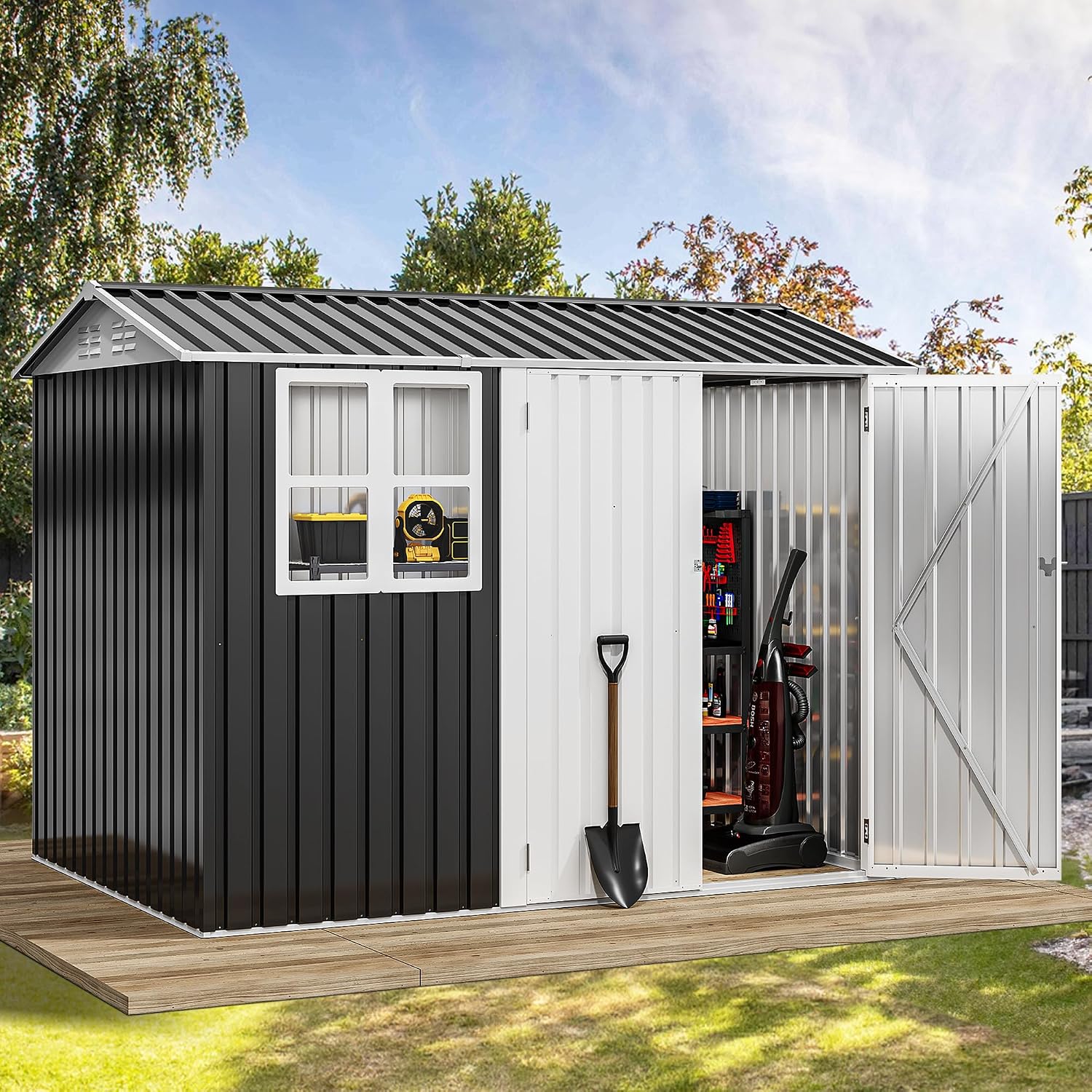 DWVO 8x6ft Metal Outdoor Storage Shed with Window, Lockable Tool Storage Sheds, Oversized Steel Garden Sheds with Sloped Roof for Backyard, Patio, Garage, Lawn, Dark Gray