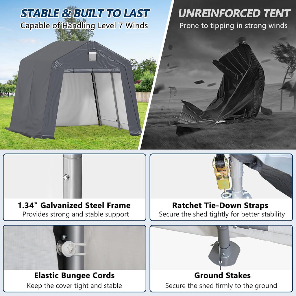 COVERONICS 10' x 10' Outdoor Storage Shed - Heavy Duty Portable Shelter Carport with Ventilation Windows and Roll-up Doors, Storage Shelter Tent for Motorcycle, Bike, Lawnmower and Garden Tools, Grey