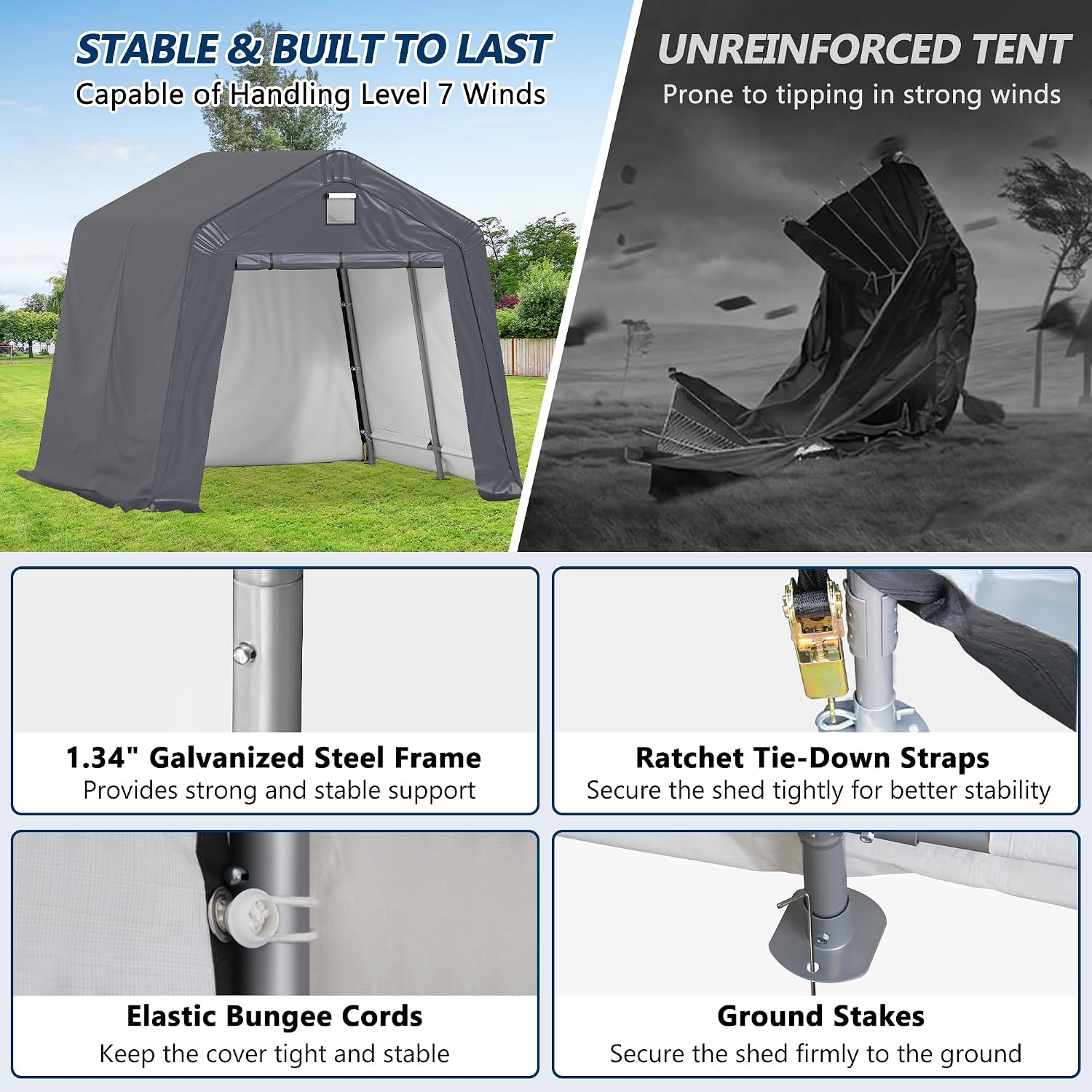 COVERONICS 10' x 10' Outdoor Storage Shed - Heavy Duty Portable Shelter Carport with Ventilation Windows and Roll-up Doors, Storage Shelter Tent for Motorcycle, Bike, Lawnmower and Garden Tools, Grey