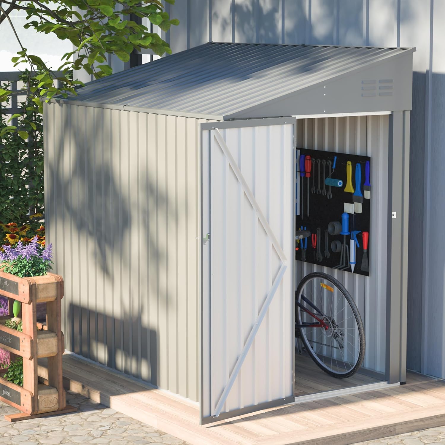 YOPTO 4x7 FT Outdoor Storage Shed,Lean to Lockable Metal Garden Shed Steel with Reinforced Beams,All Weather Waterproof Storage House W/Lockable Door&2 Air Vents,for Backyard,Patio,Lawn,Garden,Gray