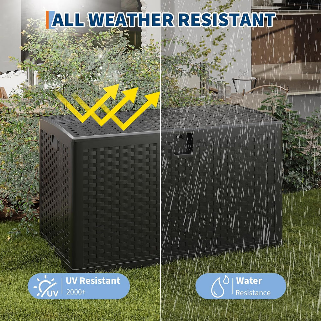 Garvee 120 gallon Waterproof Outdoor Storage Box, Lockable Plastic Deck Box with Lid, Patio Storage Bin for Pool, Garden Tools, Backyard, Porch, All-Weather Protection, Black