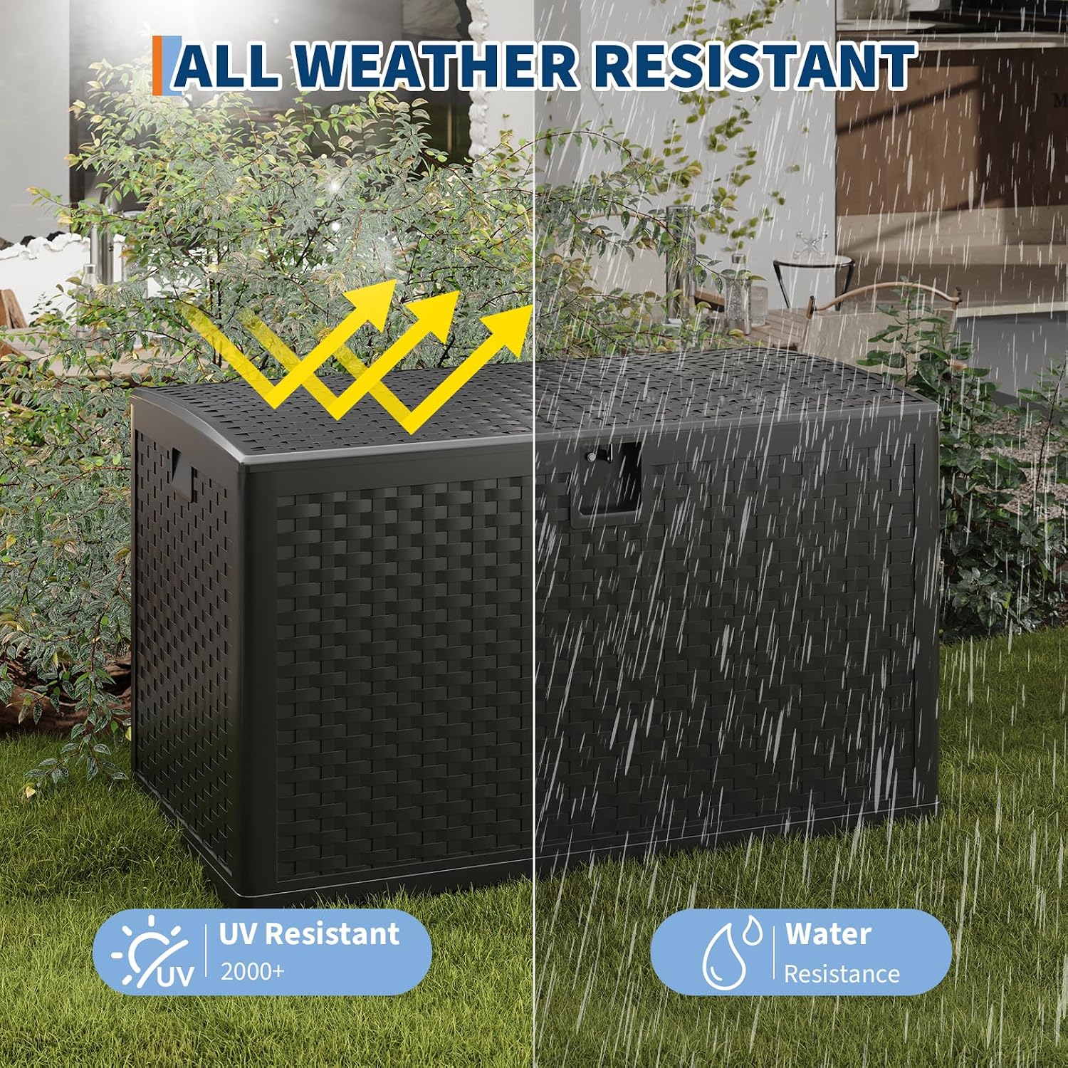 Garvee 120 gallon Waterproof Outdoor Storage Box, Lockable Plastic Deck Box with Lid, Patio Storage Bin for Pool, Garden Tools, Backyard, Porch, All-Weather Protection, Black