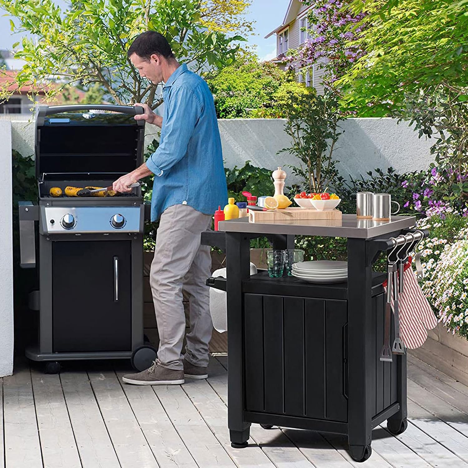 Keter Unity Portable Outdoor Table and Storage Cabinet with Hooks for Grill Accessories-Stainless Steel Top for Patio Kitchen Island or Bar Cart