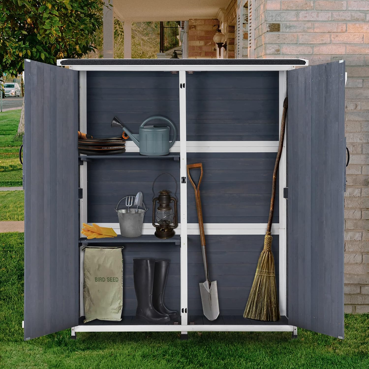 MCombo Outdoor Storage Cabinet with Shelves, Wood Garden Shed with Floor, Outside Tool Shed with 2 Lockable Doors for Backyard Patio Lawn, 1400 (Gray)
