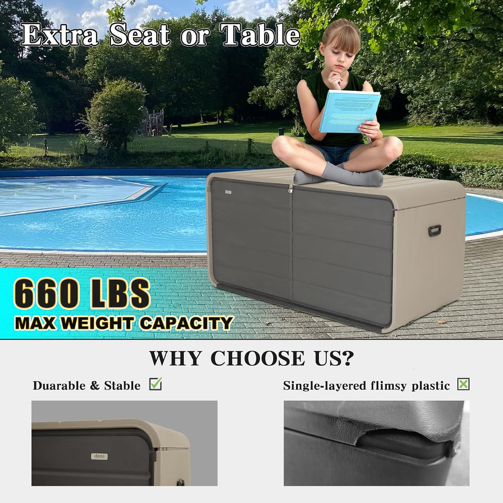 Domi 260 Gallon Resin Deck Box, Waterproof & UV-Resistant Outdoor Large Storage Box Lockable Storage Bin for Patio Cushions Pool Supplies Garden Tools and Delivery Storage