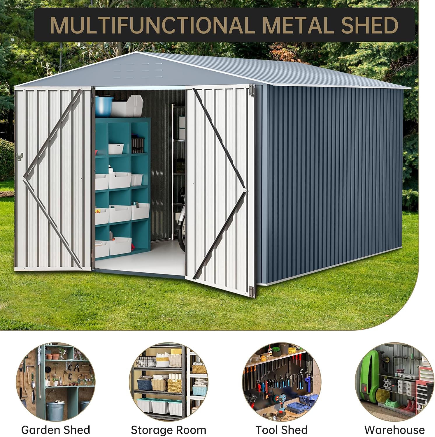 Large Metal Storage Shed, 8x12 FT Outside Storage Shed, Outdoor Storage Tool Shed with Lockable Doors and Air Vents, Garden Sheds for Backyard