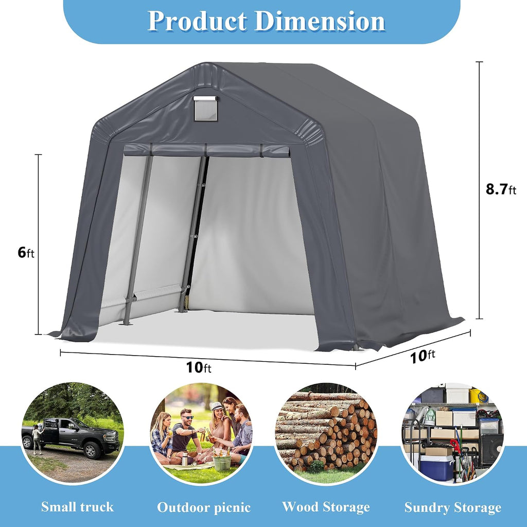 10x10 Ft Outdoor Storage Shelter, Heavy Duty Waterproof Portable Shed with Roll-up Zipper Door and Ventilated Windows for Motorcycle, Bike, Tools Gray