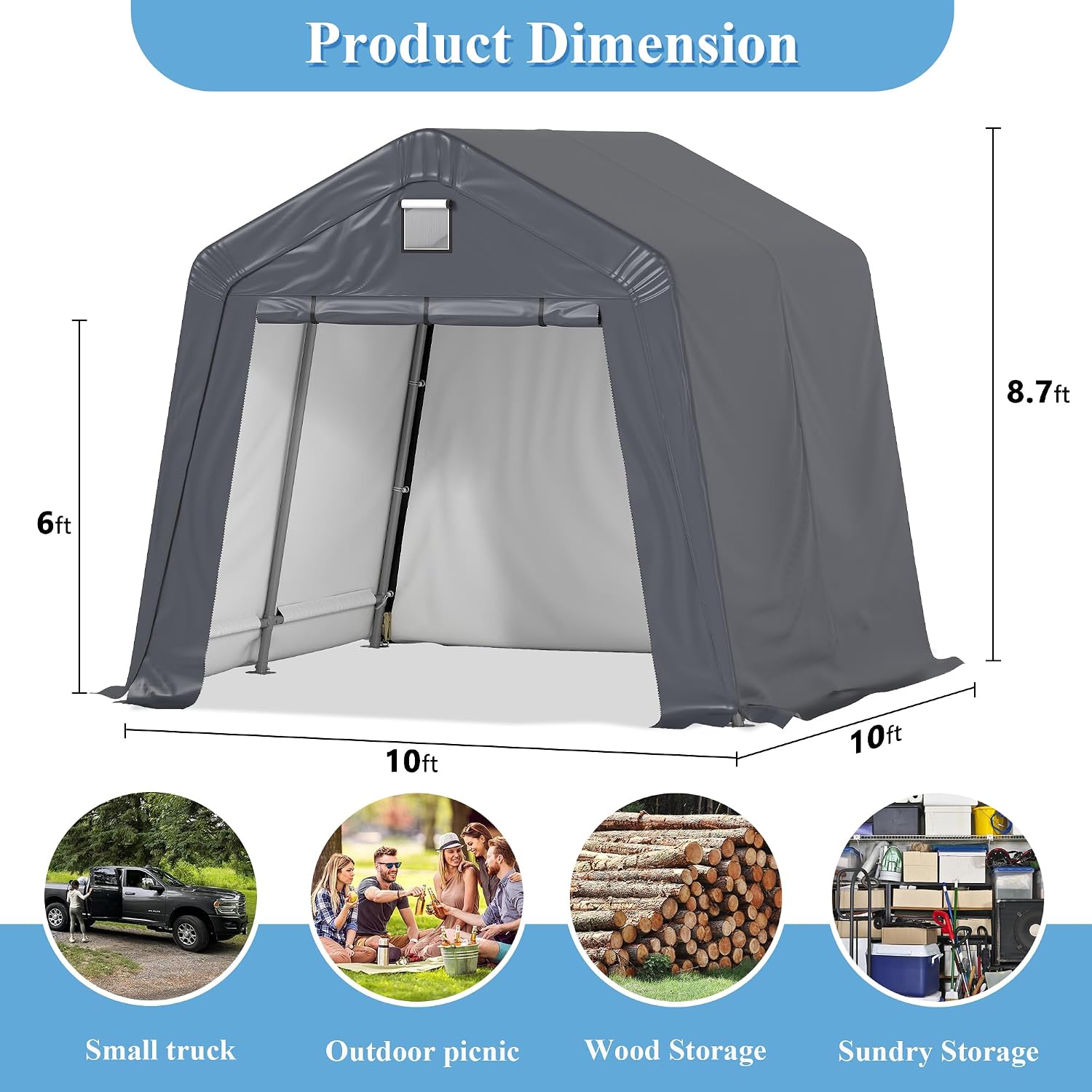 10x10 Ft Outdoor Storage Shelter, Heavy Duty Waterproof Portable Shed with Roll-up Zipper Door and Ventilated Windows for Motorcycle, Bike, Tools Gray