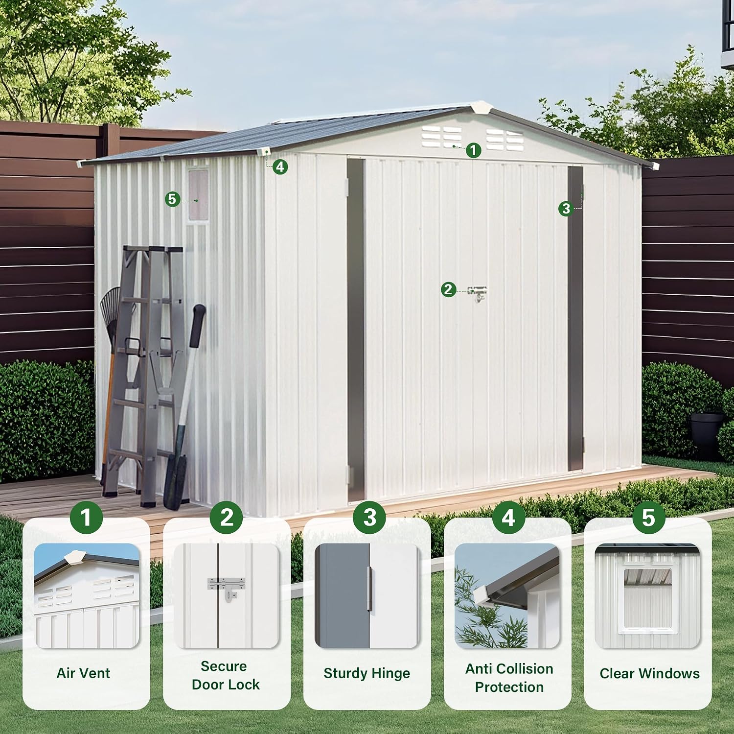 8x6 FT Outdoor Storage Shed, Metal Garden Shed with Window, Outside Tool Sheds with Lockable Hinged Doors, Waterproof Storage Building with 4 Air Vents for Backyard, Patio, Lawn, White