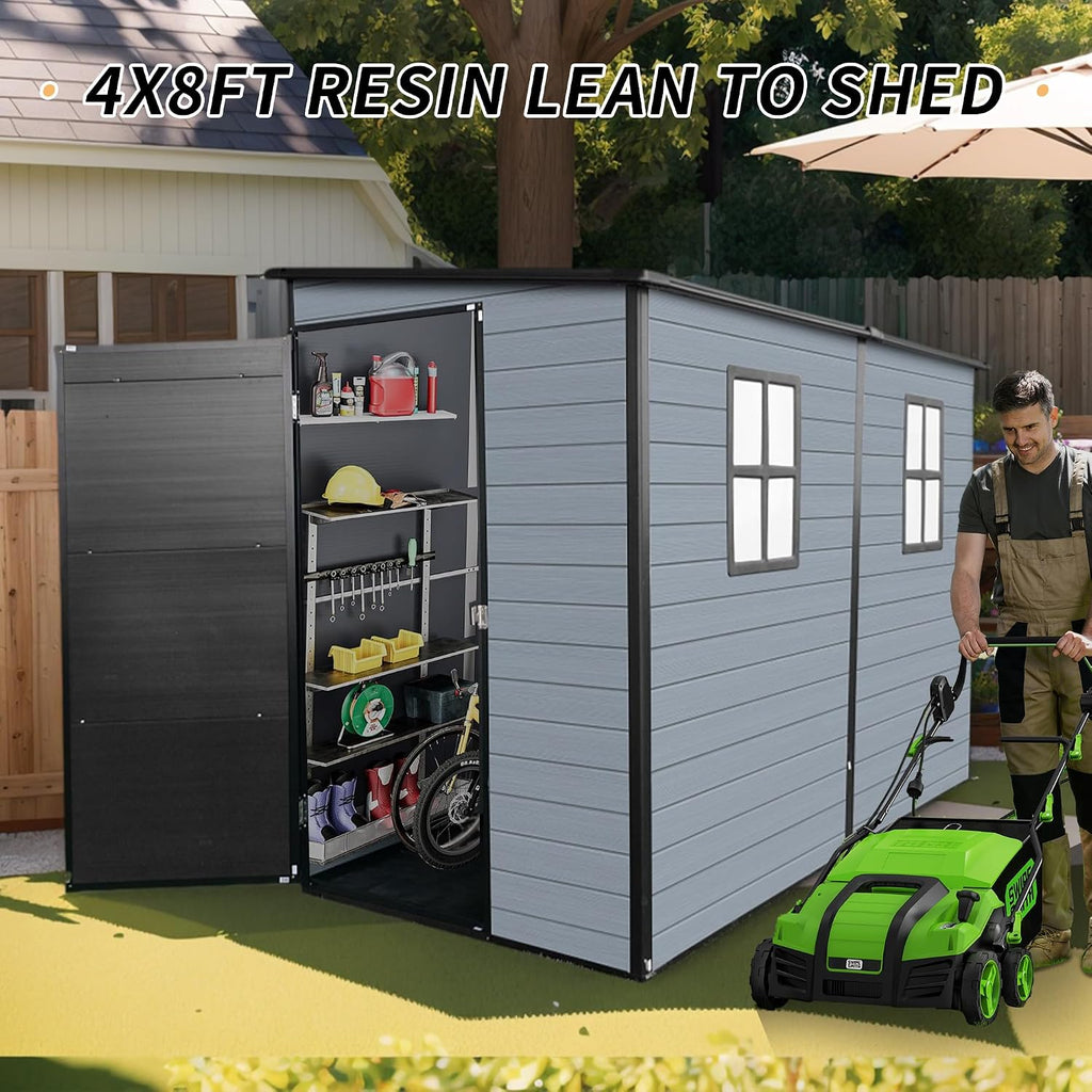 4x8ft Resin Lean to Shed with Floor, Outdoor Storage Shed with 2 Windows, Plastic Shed & Outdoor Storage Clearance for Patio Furniture, Garden Tools Bike Accessories, Beach Chairs, Black+Grey