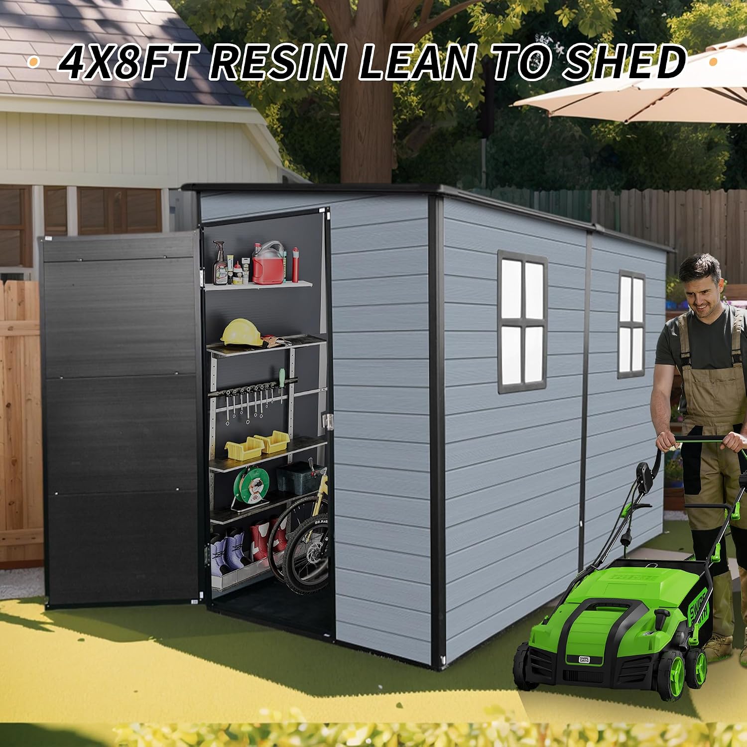 4x8ft Resin Lean to Shed with Floor, Outdoor Storage Shed with 2 Windows, Plastic Shed & Outdoor Storage Clearance for Patio Furniture, Garden Tools Bike Accessories, Beach Chairs, Black+Grey